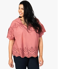 GEMO Tunique femme à manches courtes et col V à broderie anglaise Rose