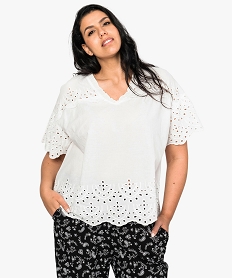 GEMO Tunique femme à manches courtes et col V à broderie anglaise Jaune