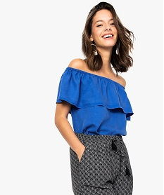 top en lyocell a encolure volantee bleu blouses8886701_1