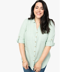GEMO Chemise femme en lin mélangé à manches 34 retroussables Bleu