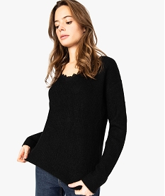 GEMO Pull femme en grosse maille douce à col V finition dentelle noir standard