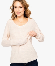 pull femme en grosse maille douce a col v finition dentelle rose8890401_1