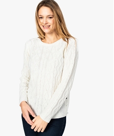 GEMO Pull femme torsadé avec boutons métallisés sur les côtés blanc chine