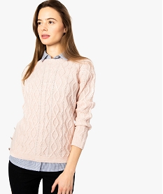 pull femme torsade avec boutons metallises sur les cotes rose pulls8890701_1