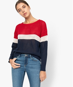 pull femme tricolore en maille ajouree rouge8890801_1