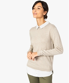 GEMO Pull femme 2 en 1 avec col et bas chemise contrastants Beige