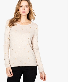 pull femme en maille fine extensible a motifs brillants beige8892101_1