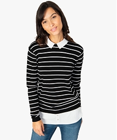 GEMO Pull femme 2 en 1 à rayures avec col et bas chemise kaki clair