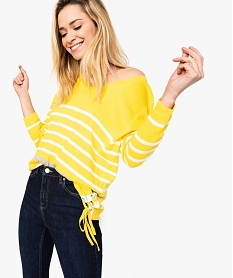 GEMO Pull femme en maille fine à rayures col V et lacets jaune vif