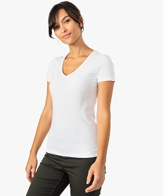 GEMO Tee-shirt femme stretch col V finition dentelée surpiquée Blanc