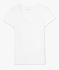 tee-shirt femme stretch col v finition dentelee surpiquee blanc8893801_4