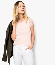 GEMO Tee-shirt femme à manches courtes en dentelle coloris assortis