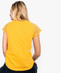 tee-shirt femme a manches courtes en dentelle jaune8895101_3