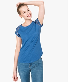 GEMO Tee-shirt femme à manches courtes en dentelle Bleu