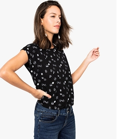 GEMO Tee-shirt femme imprimé avec manches courtes à revers Noir