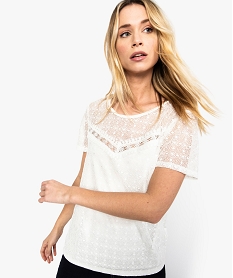 GEMO Tee-shirt femme à manches courtes avec devant en dentelle blanc chine
