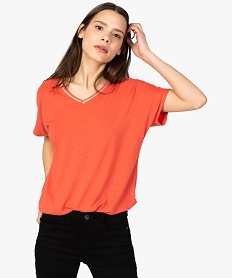GEMO Tee-shirt femme ample à paillettes col V et bas élastiqué orange standard