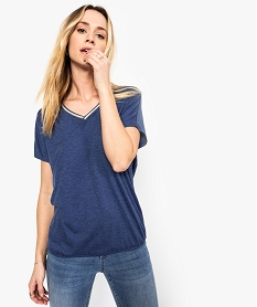 GEMO Tee-shirt femme ample à paillettes col V et bas élastiqué Bleu