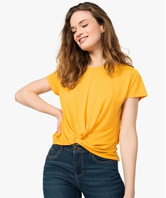 GEMO Tee-shirt femme à manches courtes avec noeud dans le bas Jaune