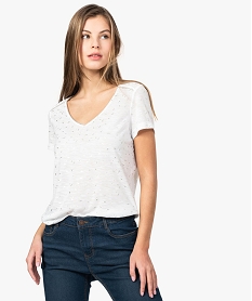 GEMO Tee-shirt femme à manches courtes et motifs pailletés Blanc