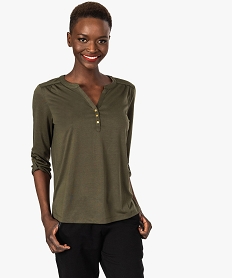 GEMO Tee-shirt fluide pour femme avec manches longues retroussables Vert