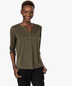 GEMO Tee-shirt fluide pour femme avec manches longues retroussables kaki standard