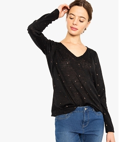 pull femme en maille fine avec motifs pailletes et dentelle ajouree noir8900901_1