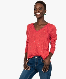 GEMO Pull femme en maille fine avec motifs pailletés et dentelle ajourée Rouge