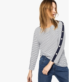 GEMO Tee-shirt femme rayé avec boutons métalliques sur les manches Bleu