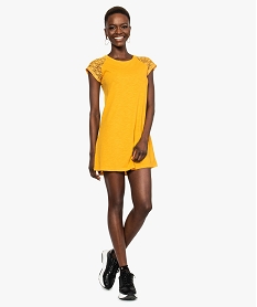 GEMO Robe tee-shirt femme avec manches courtes en dentelle Jaune