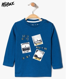 GEMO Tee-shirt bébé garçon à manches longues et inscription fantaisie en coton bio bleu standard