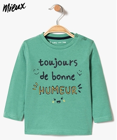 GEMO Tee-shirt bébé garçon à manches longues et inscription fantaisie en coton bio Vert