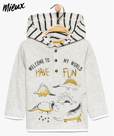 tee-shirt bebe a capuche rayee et motif dinosaures en coton bio beige8908801_1