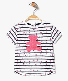 GEMO Tee-shirt rayé bébé avec motifs fleuris et log pailleté - Lulu Castagnette Blanc