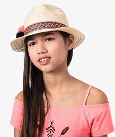 chapeau fille fedora avec ruban azteque et pompons beige8927401_1