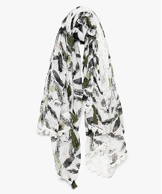 foulard carre motif plumes a empiecement dentelle et pompons blanc8933001_2