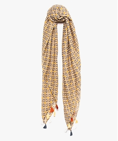 GEMO Foulard femme chèche à motifs et finition pompons Jaune