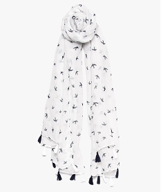foulard femme motif hirondelle avec pompons bicolores blanc8935701_1