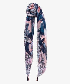 GEMO Foulard femme chèche à motifs oiseaux et finition pompons Bleu