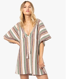 GEMO Robe de plage femme en coton aspect crêpe à rayures Imprimé