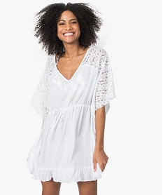 GEMO Robe de plage femme fluide à volants et manches en dentelle Beige