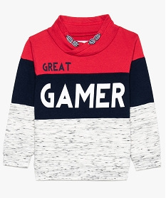 GEMO Sweat tricolore garçon avec col châle et inscription sur lavant Imprimé