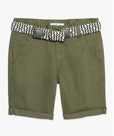 GEMO Short garçon en toile avec ceinture tressée bicolore kaki standard