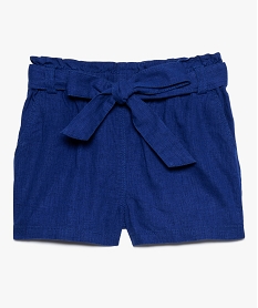 short fille en lin avec taille elastiquee et ceinture a nouer bleu shorts8975501_1