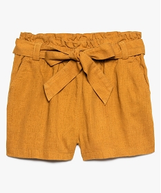 GEMO Short fille en lin avec taille élastiquée et ceinture à nouer Beige