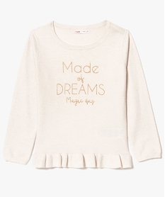 GEMO Pull fille en maille douce avec basque et inscription paillettes Beige