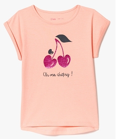 GEMO Tee-shirt fille manches courtes à revers composé en partie de coton bio Rose