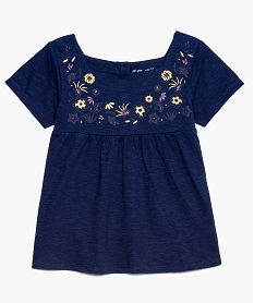 GEMO Tee-shirt fille à col carré taille empire et broderies Bleu