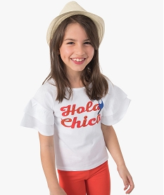 tee-shirt fille avec inscription en perles et larges manches volantees blanc tee-shirts8983901_1