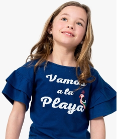 tee-shirt fille avec inscription en perles et larges manches volantees bleu tee-shirts8984001_1